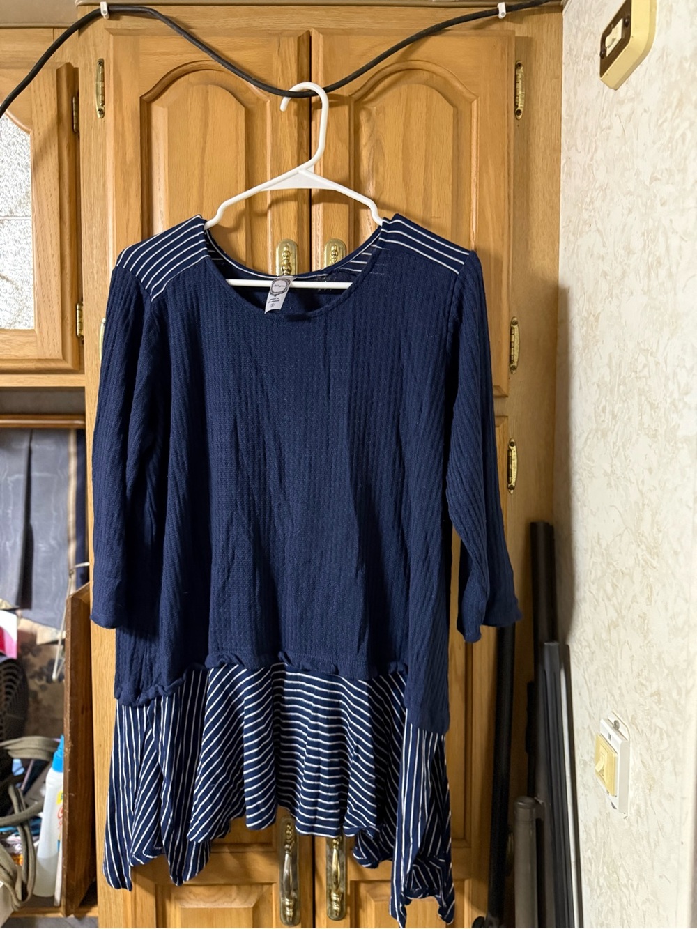 Honeyme Navy Blue Layered Hem Striped Women's Top